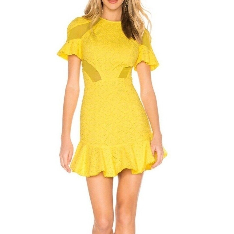 Karina Grimaldi Yellow Eyelet Mesh Mini Dress 3214e Womens Small Flutter Sleeve